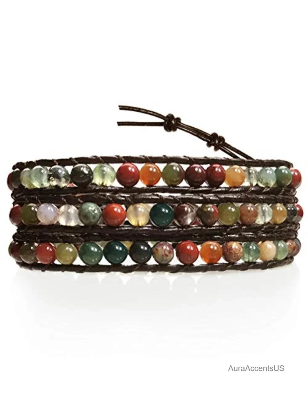 Genuine Leather Agate Stone Wrap Bracelet Adjustable Stainless Steel Closure 23